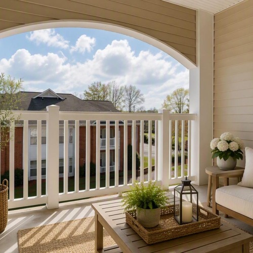 large balcony with furnishings and light