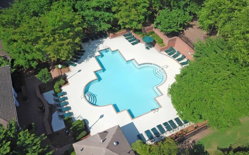 a swimming pool surrounded by trees