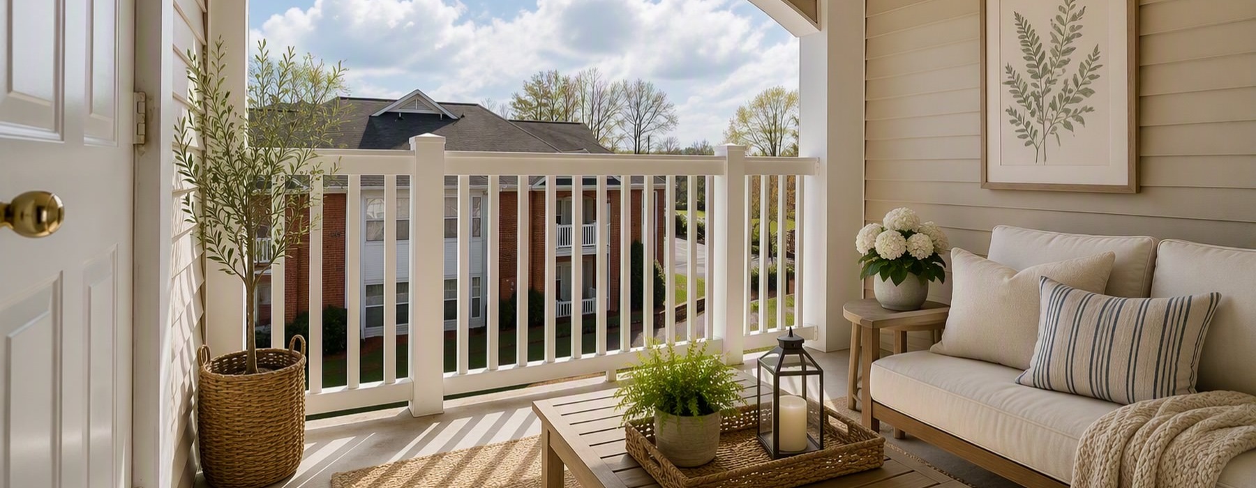 large balcony with furnishings and light